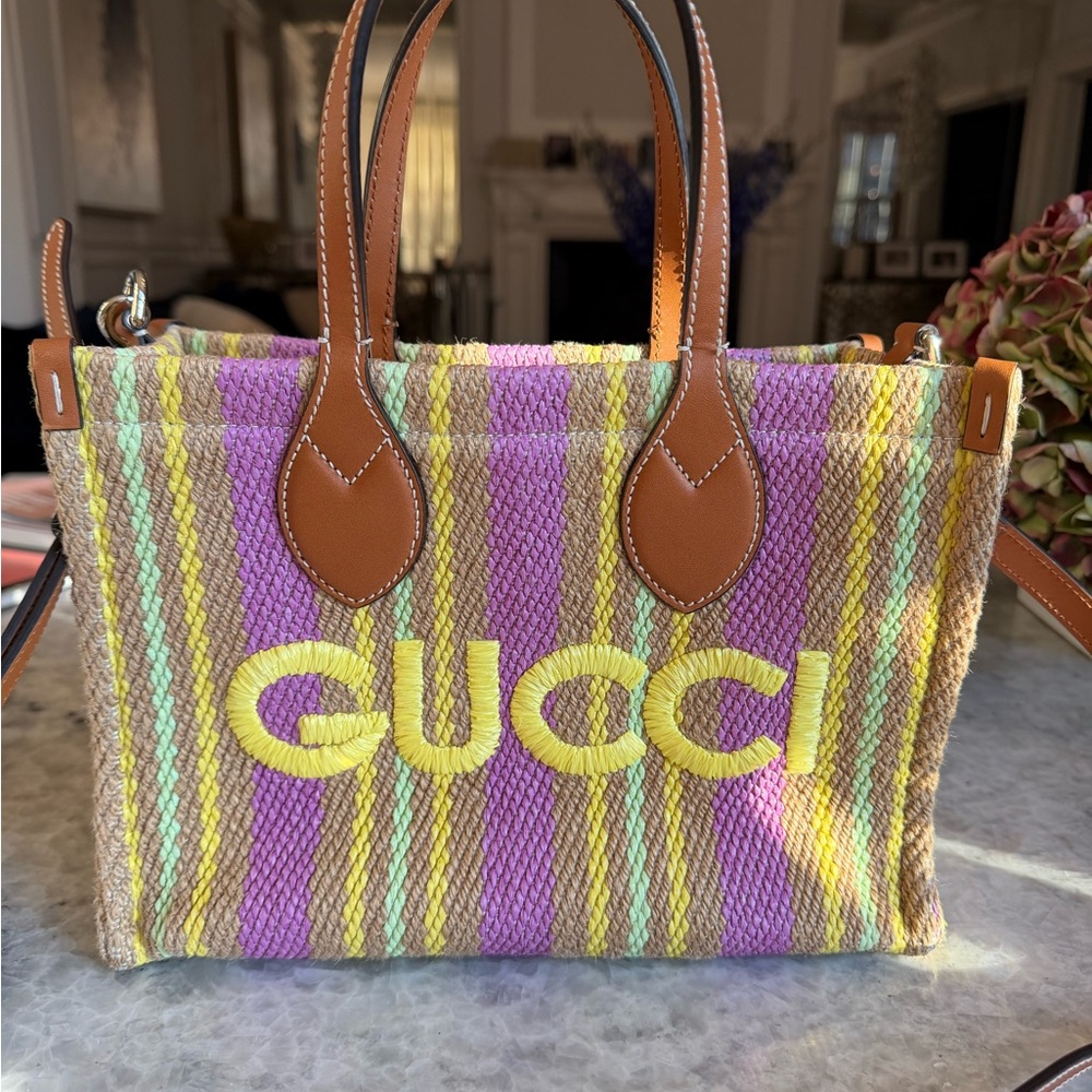 Authentic Gucci jute striped patch 2 way tote mini bag excellent condition - Picture 2 of 8